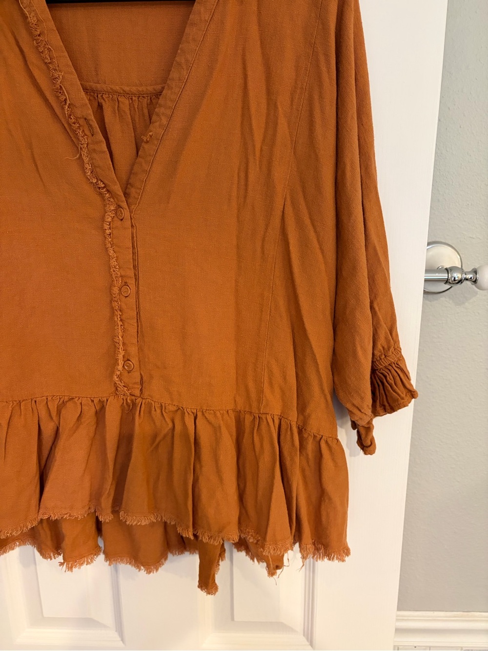 Umgee Rust Orange Peasant Ruffle Button-Front Top - Picture 3 of 6